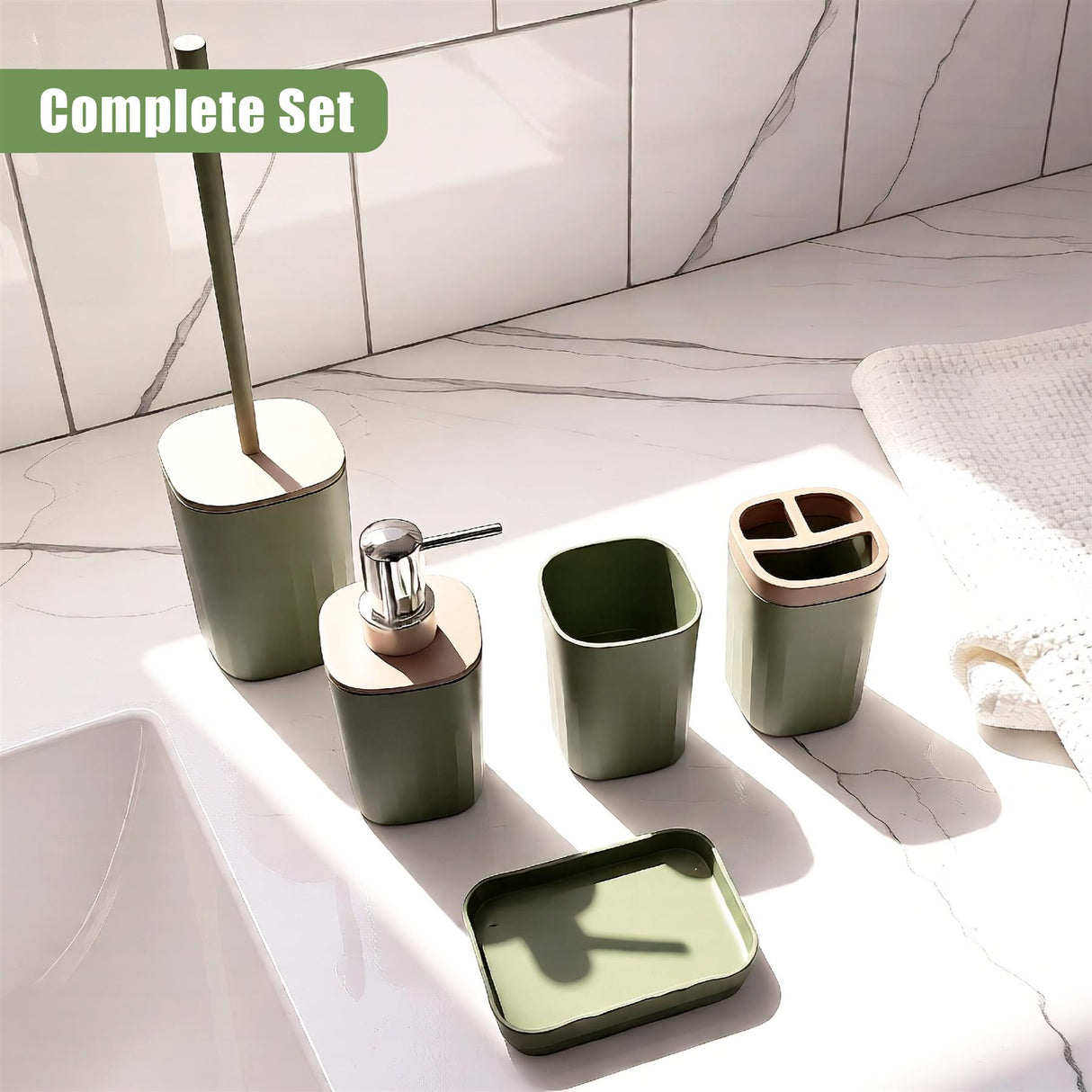 A collection of bathroom items: tray, cups, soap holders, and a brush accessory, colored sage green.