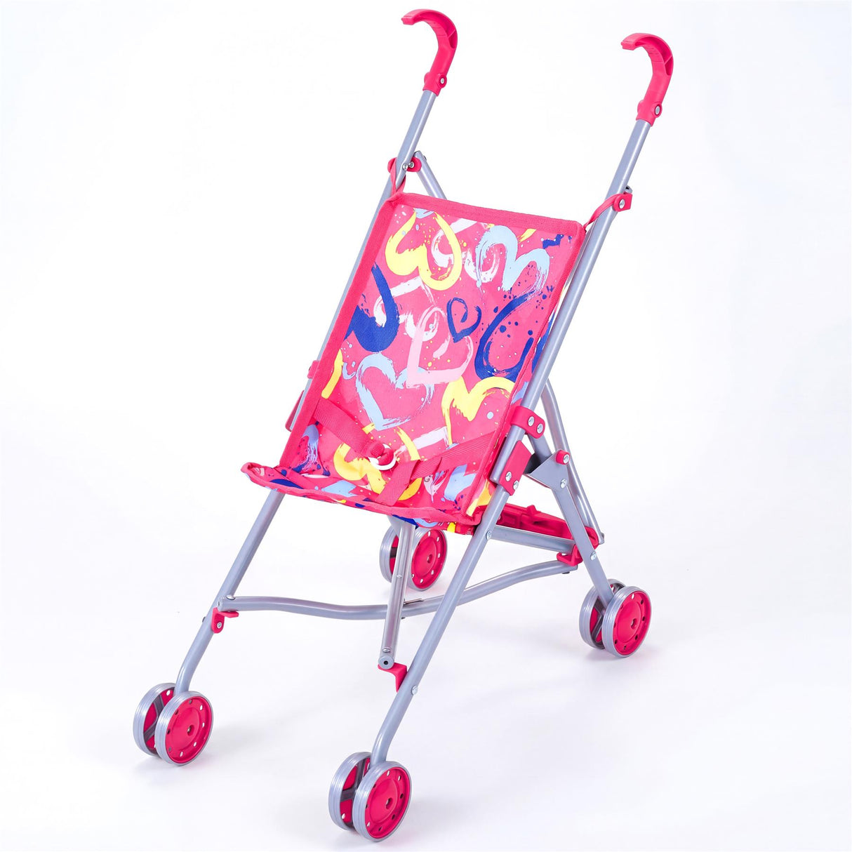 Pink toy stroller features a canopy with colorful scribbles and a sturdy silver metal frame.