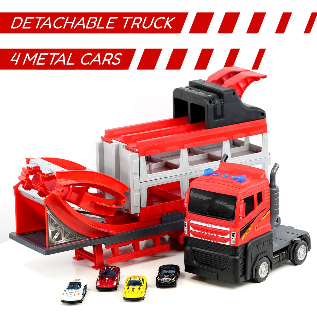 Red and black toy catapult truck structure with a removable cab and four accompanying metal cars.