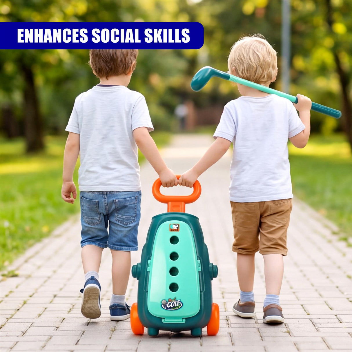 Two children play with a green cart and a teal golf club on a paved path outdoors.