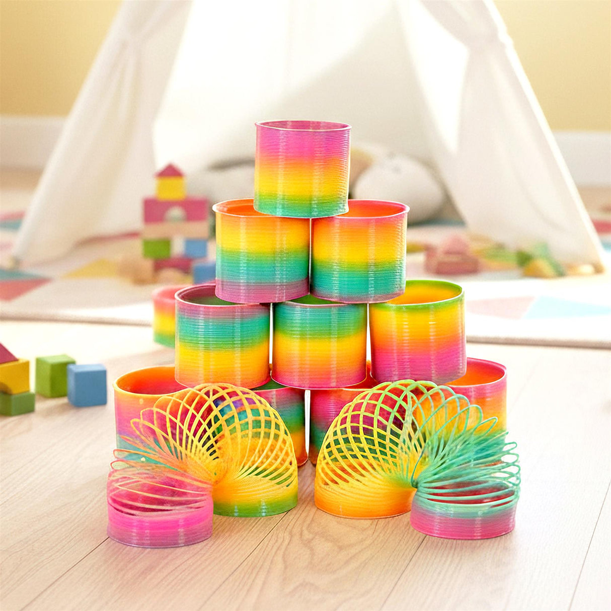A colorful, stackable Slinky-like toy with multiple colorful, flexible coils, sitting on a wooden floor amidst blocks and a white tent in the background. - UKBuyZone