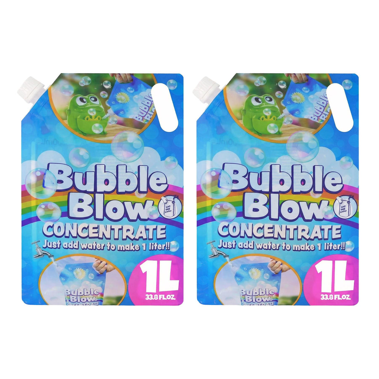 Two refill packages of Bubble Blow concentrate liquid for making one liter of bubble solution.