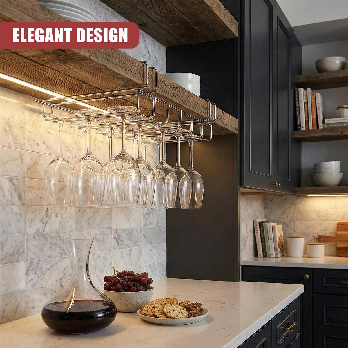 Under Shelf Wine Glass Rack by GEEZY holding twelve glasses under a wooden shelf in a kitchen setting