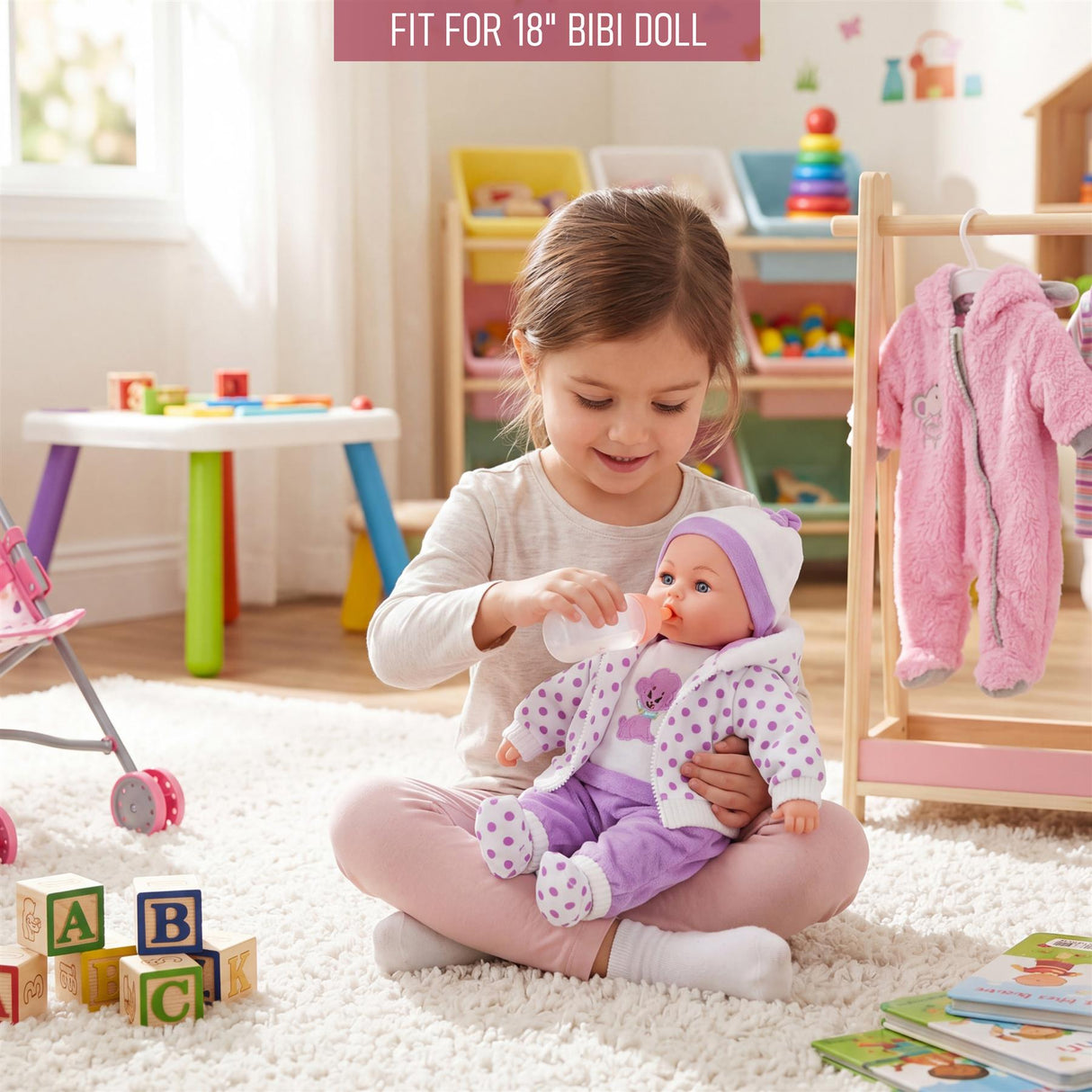 Doll dressed in purple and white clothing sits while a girl feeds it near various colorful toys.