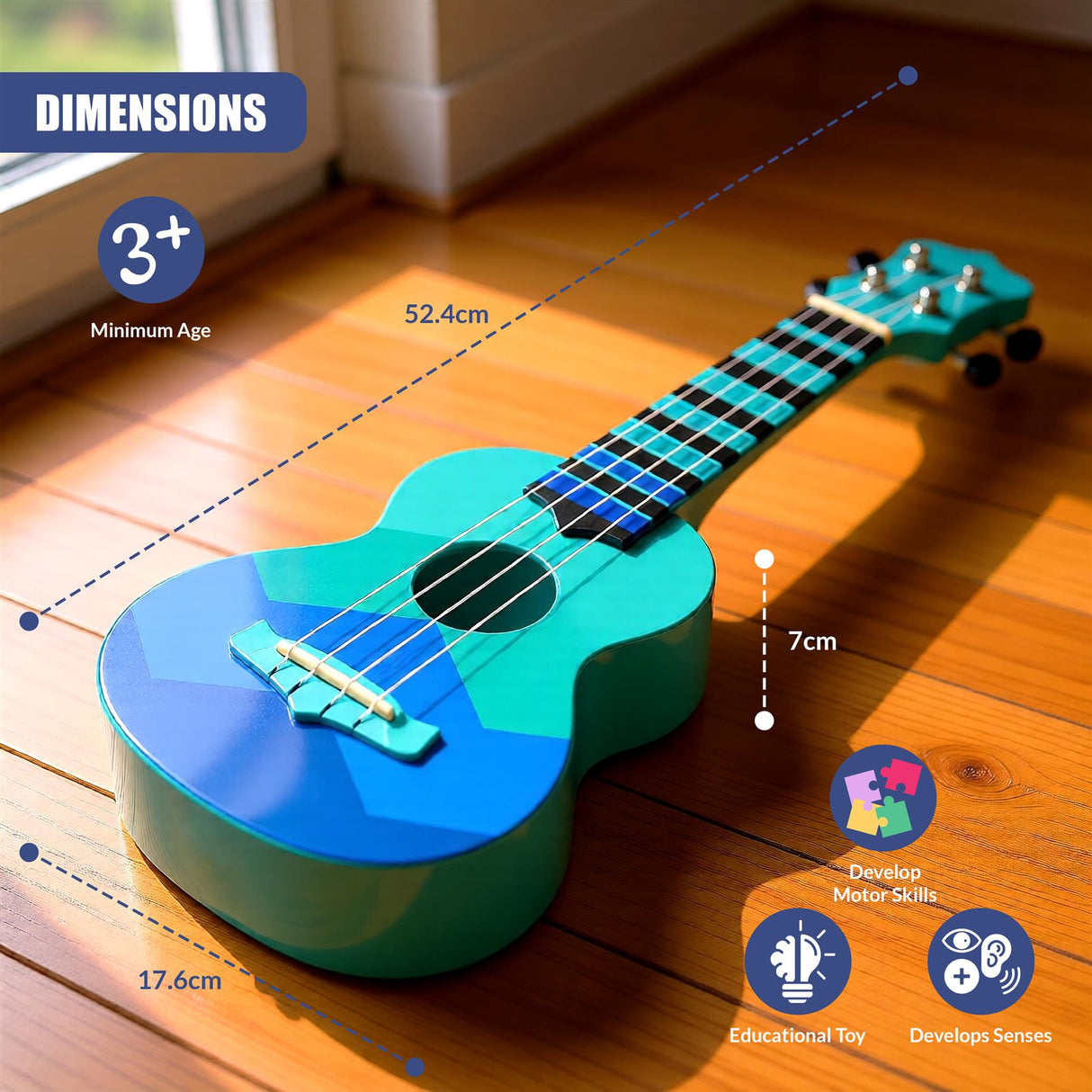 A colorful, child-friendly ukulele with a unique design, featuring a mix of blue and green hues, with a rounded body and a 17.6 cm (7 cm) wide, 42.5 cm (17.6 cm) long, and 7.7 cm (3.1 cm) thick body, designed for children aged 3+, with a minimum age of 3 years, and a weight of 0.68 kg (1.5 lbs), suitable for developing motor skills, and a range of 1.5 oct. - UKBuyZone