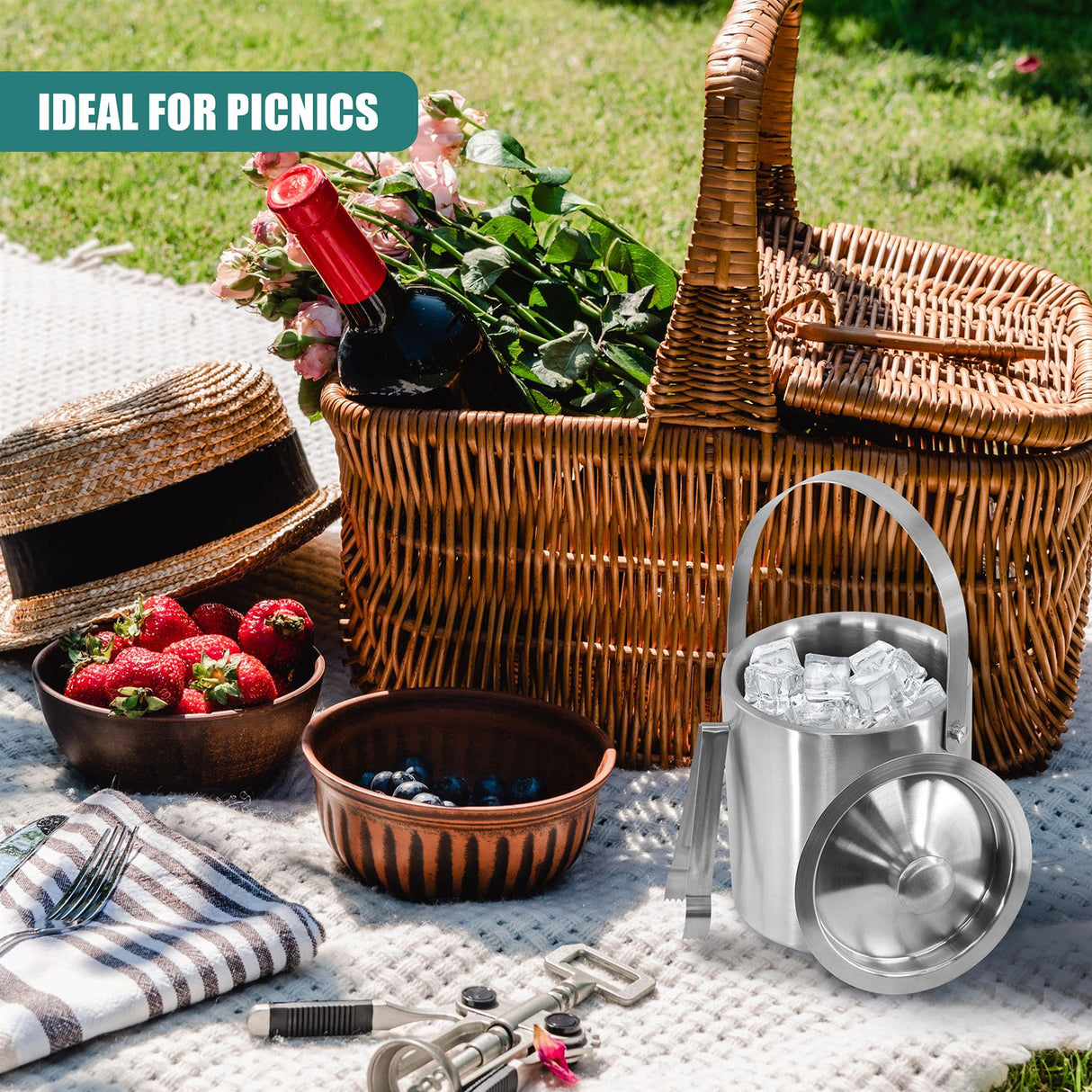 Stainless Steel Ice Bucket With Lid And Ice Tongs by Geezy - UKBuyZone