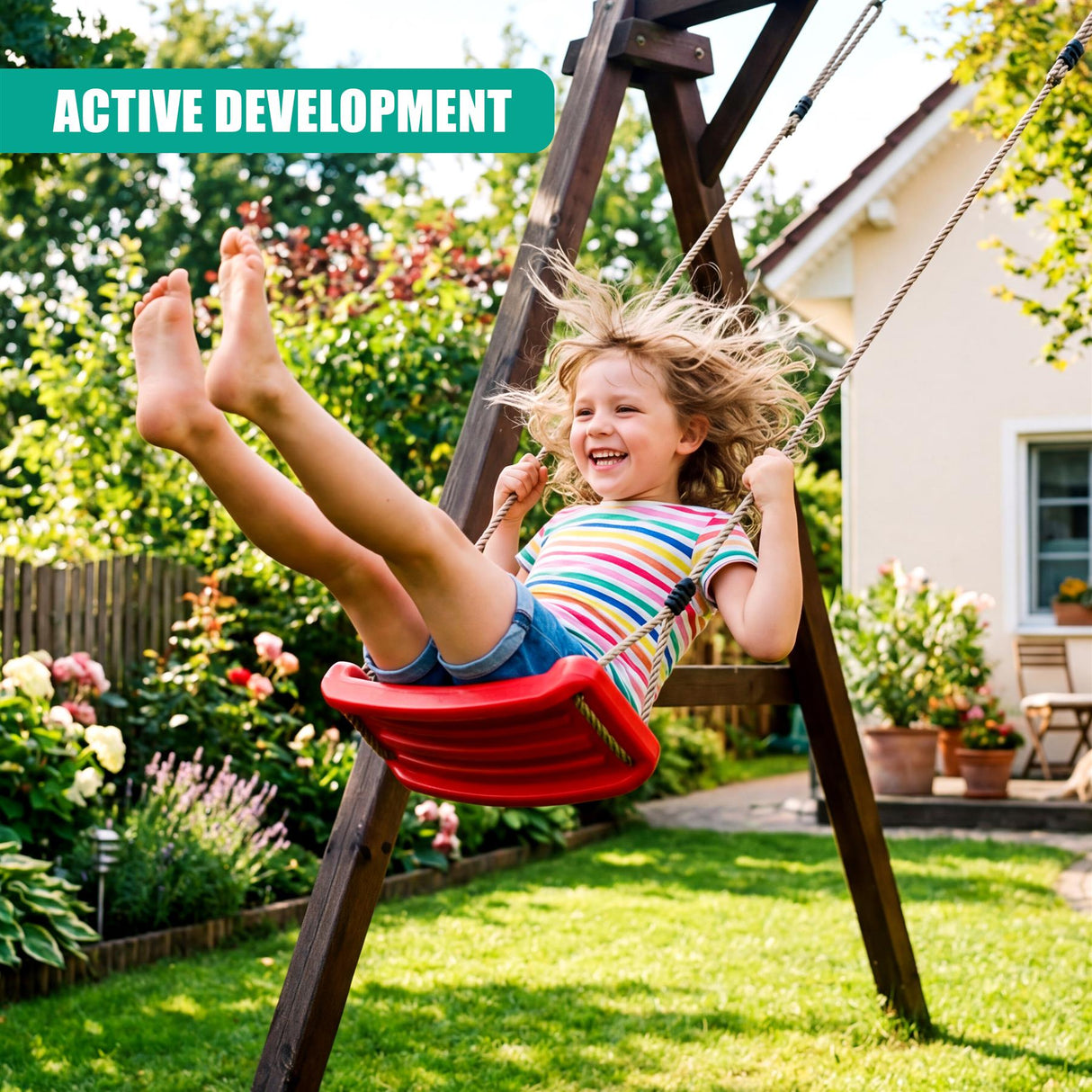 Wooden garden swing set featuring a red seat and attached overhead trapeze bar.