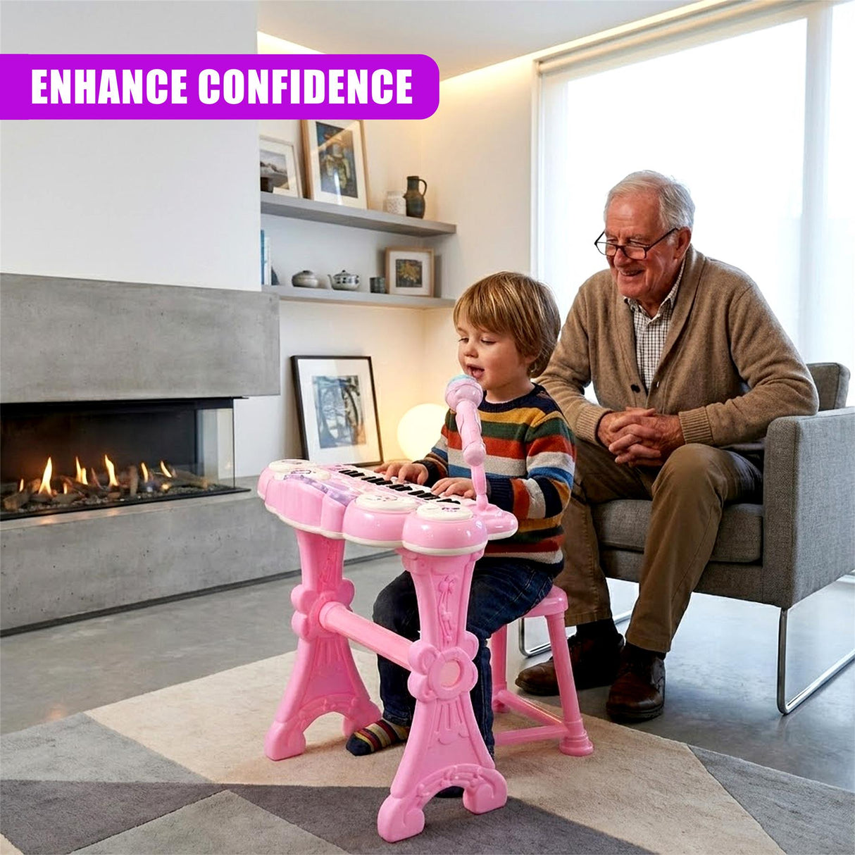 Pink Piano Toy with Microphone and Stool