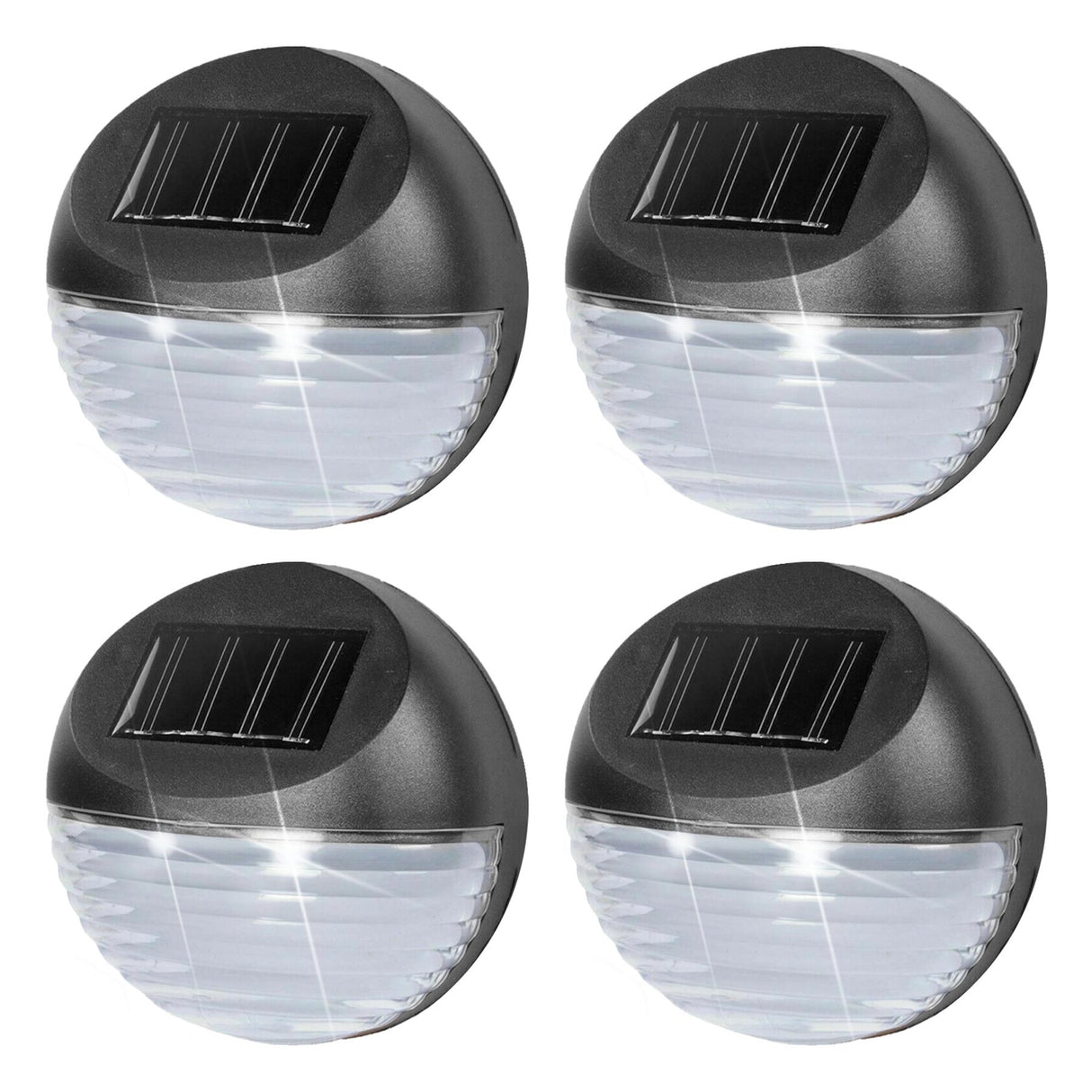 Four exterior solar lights featuring a black body, solar panel, and white LED emitter.