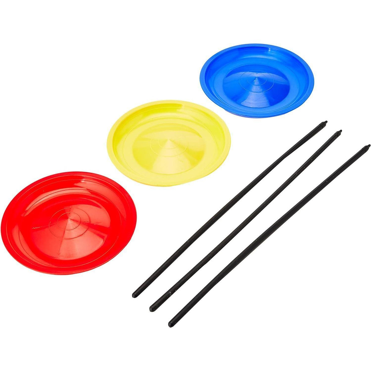A set of three colorful, round, plastic discs and three long, thin, black sticks. The discs are red, yellow, and blue, and the sticks are black. - UKBuyZone