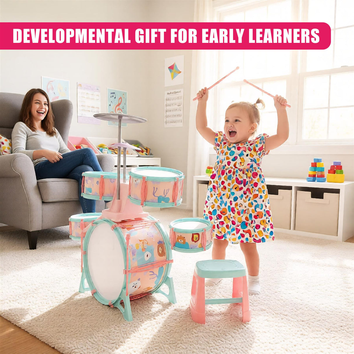 Pink and Green Multi functional Kids Jazz Drum Set