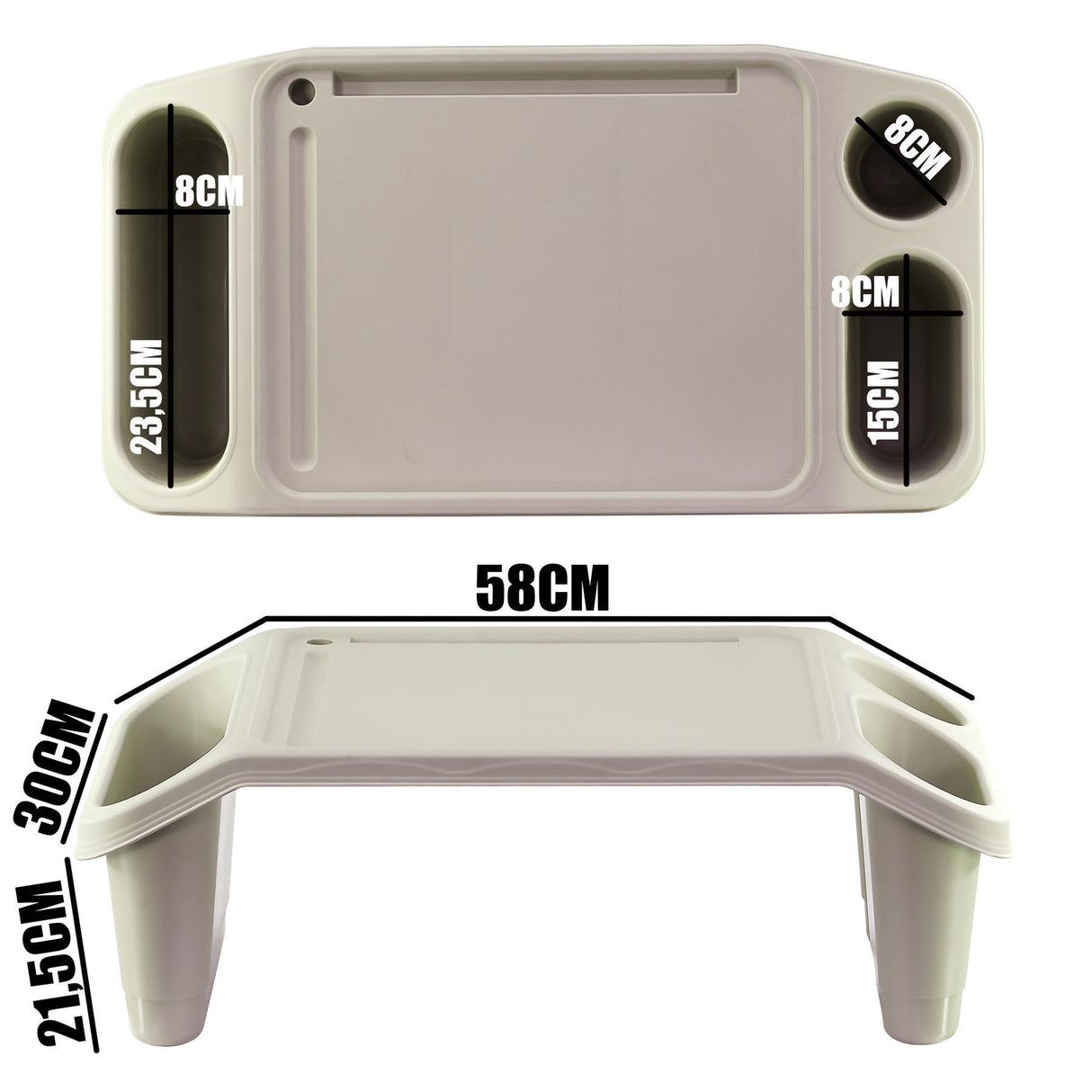 "White plastic bed tray table, measuring 56cm x 89cm, with storage compartments at each end." - UKBuyZone