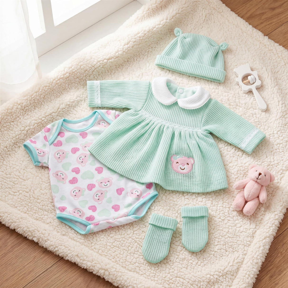 Doll outfit set includes a mint green dress, pink onesie, matching hat, socks, and stuffed plush toy.