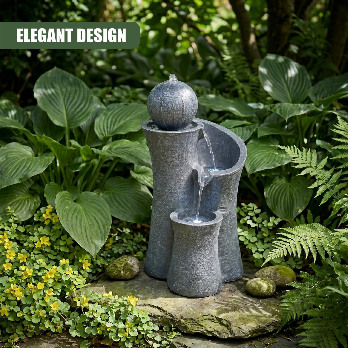 Solar Water Feature with Sphere on Top & LED Lights