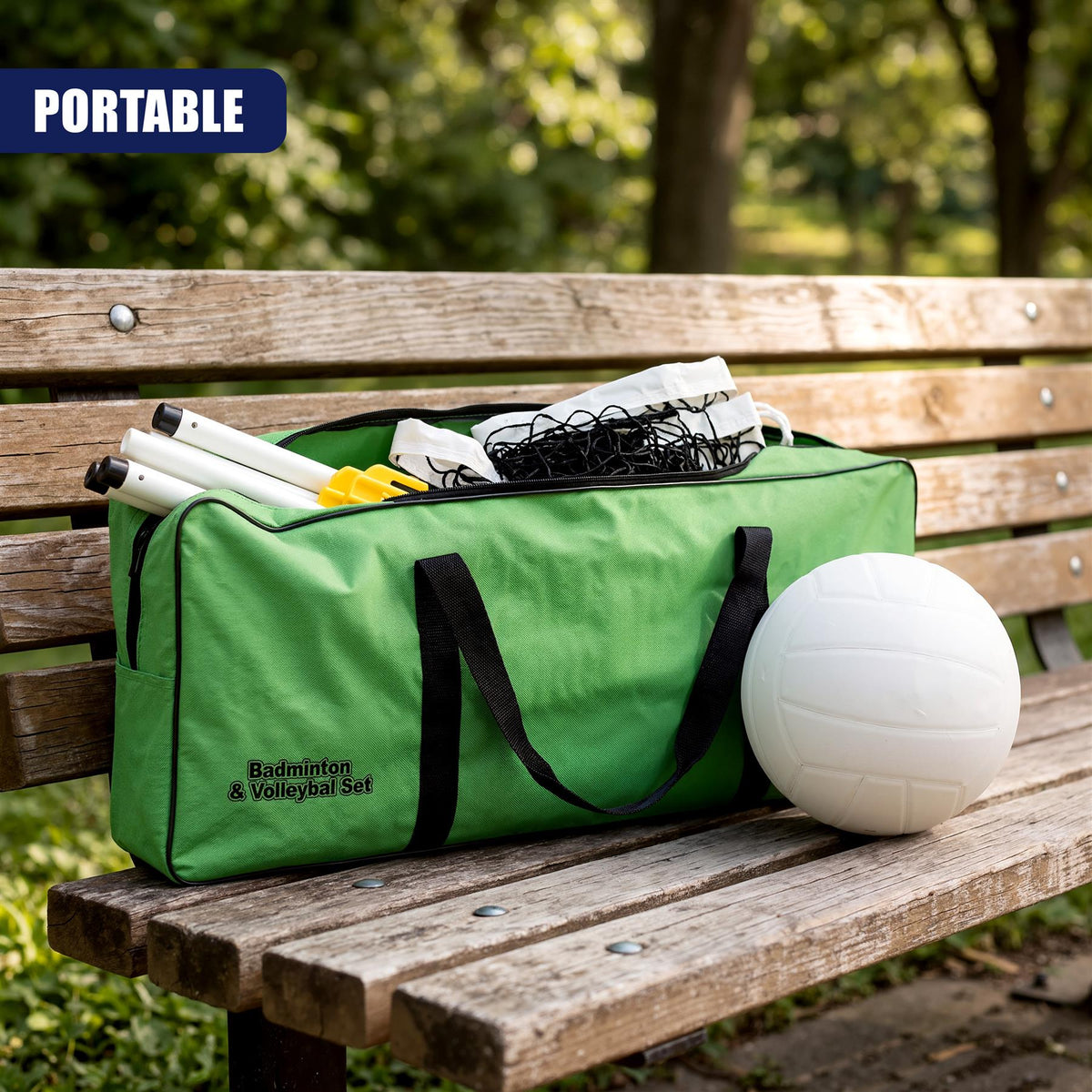A green portable badminton and volleyball set on a wooden bench with a white ball beside it