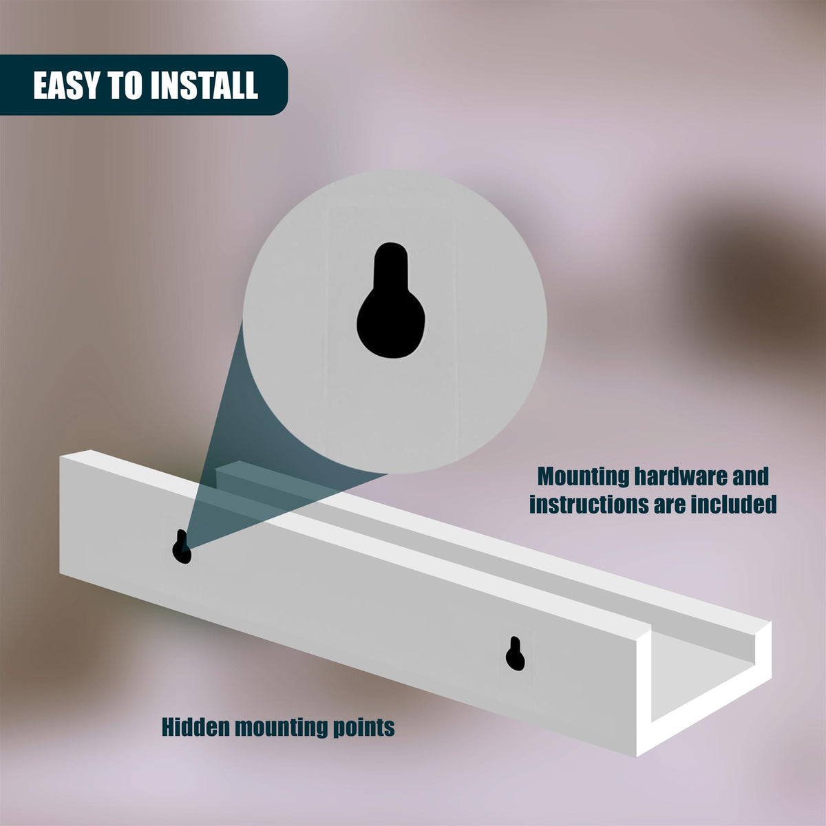 White wall hanging shelf showing hidden mounting points and included hardware for easy installation
