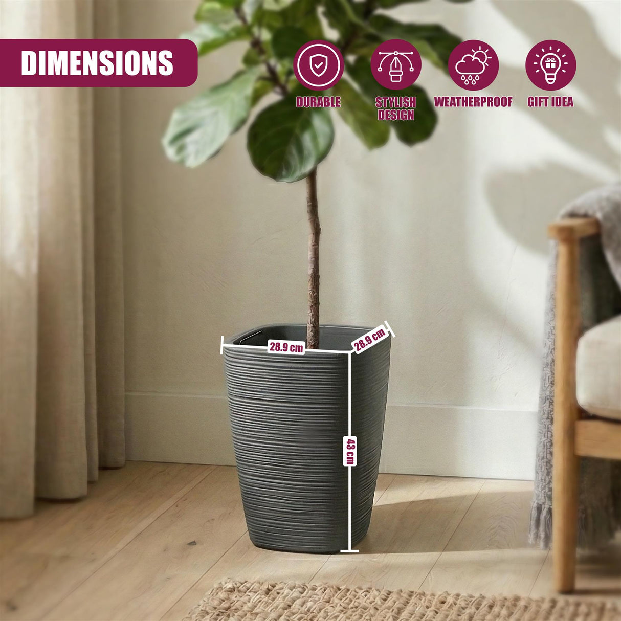 A gray, ribbed flower pot sized 43 by 28.9 cm holding a potted houseplant in an indoor setting.
