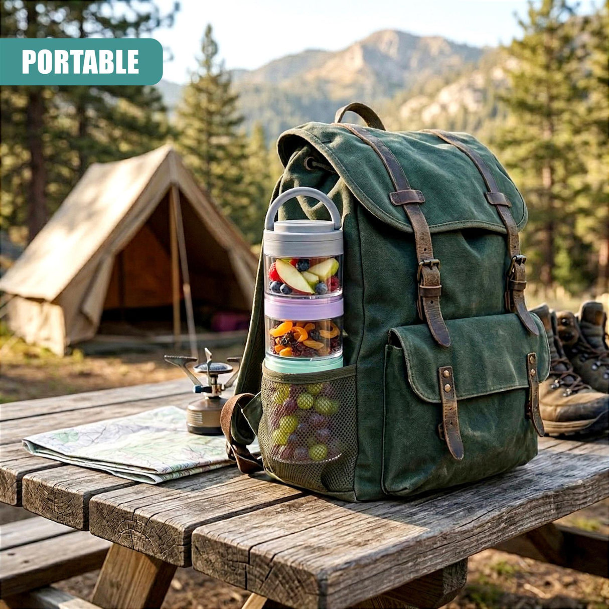 Stack of three clear containers filled with snacks, attached to a dark green outdoor backpack.