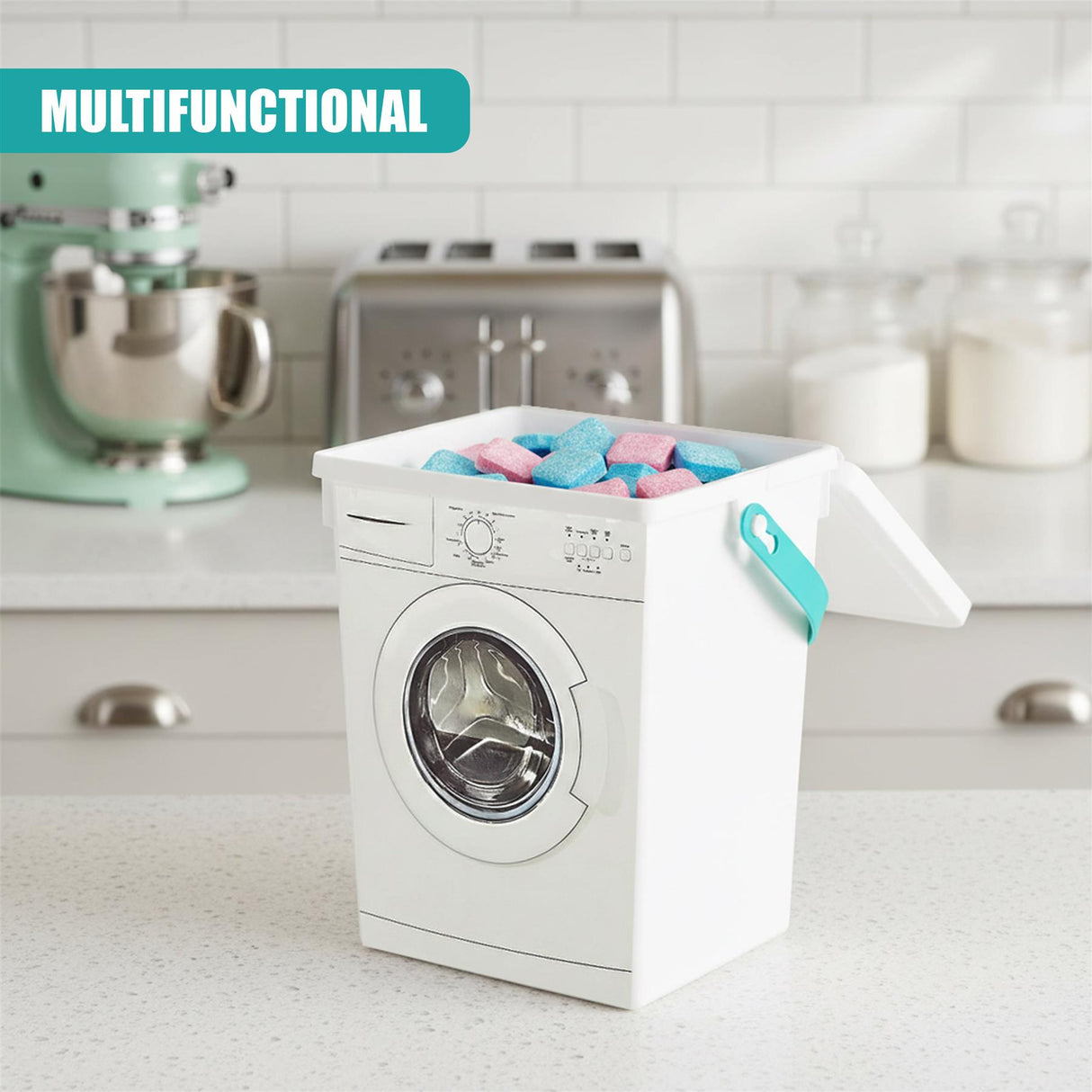 White, container shaped like a washing machine holds colorful laundry detergent pods on a kitchen counter.