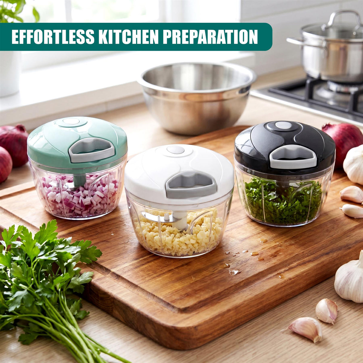 Three food choppers filled with chopped vegetables and herbs sit on a wooden cutting board.