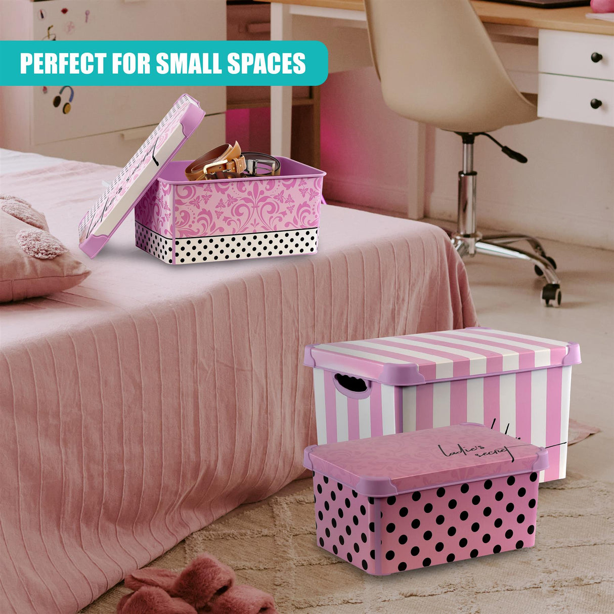 Pink Storage Boxes with Lids - Set of 3 by GEEZY - UKBuyZone
