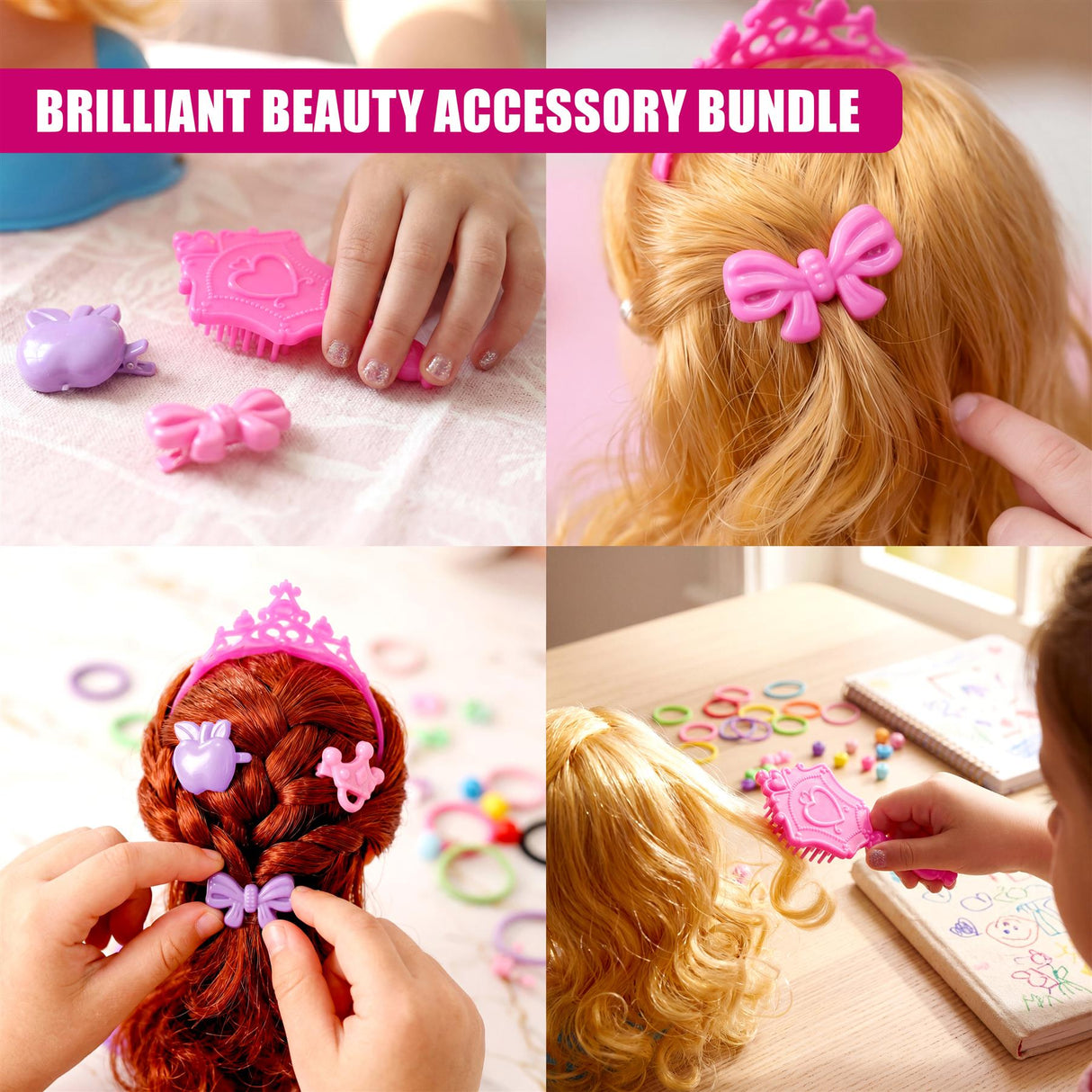 Multiple hands use colorful plastic clips and styling tools on doll wigs and styled hair.