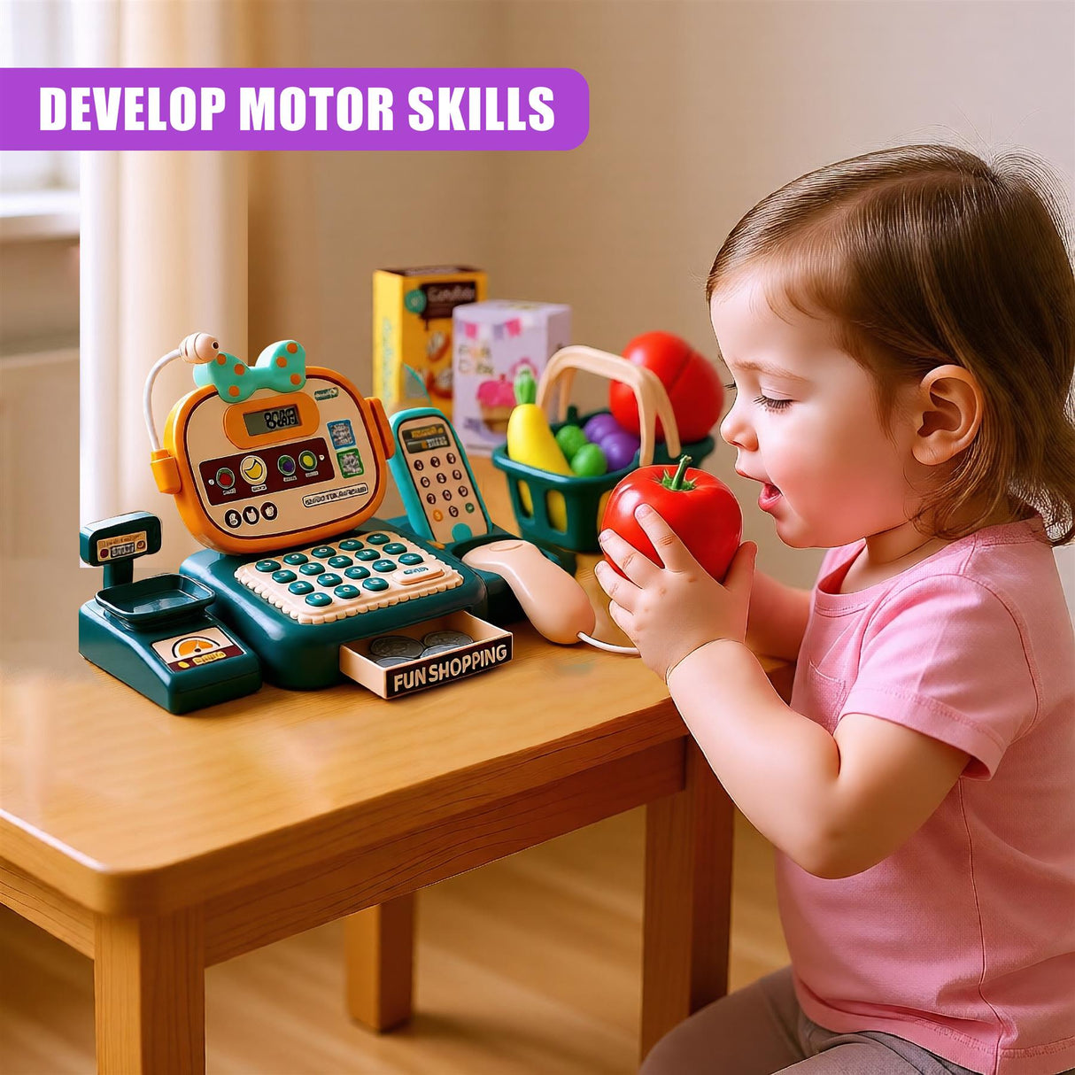 A child sitting at a small table, playing with a toy cash register and a toy tomato, with a toy shopping basket and various toy fruits in the background. The child is wearing a pink t-shirt and has a toy tomato in their hand. The toy cash register has a display screen and a keypad, and the child is using it to make a purchase. - UKBuyZone