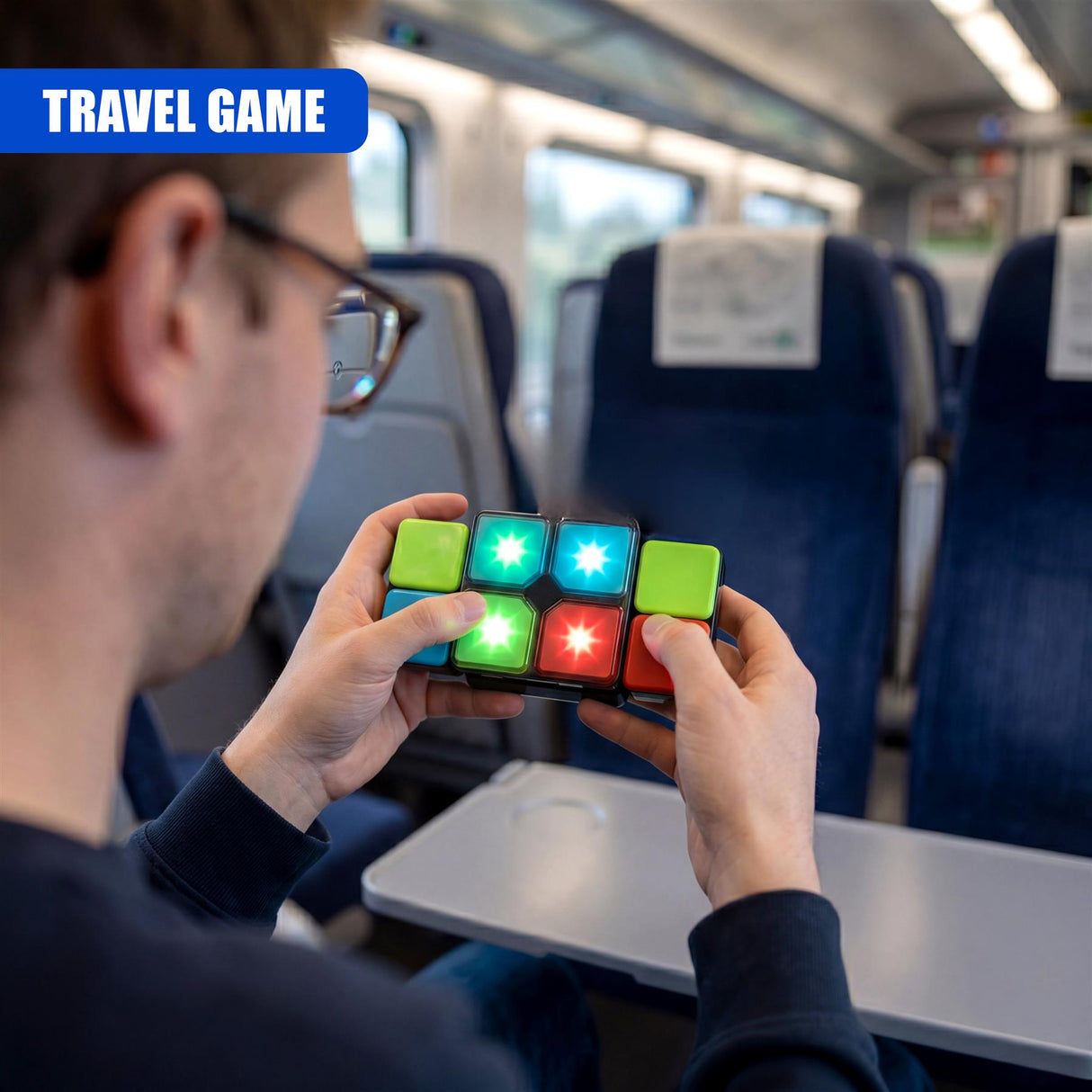 A person's hands manipulate a brightly colored, segmented cube game inside a passenger vehicle.