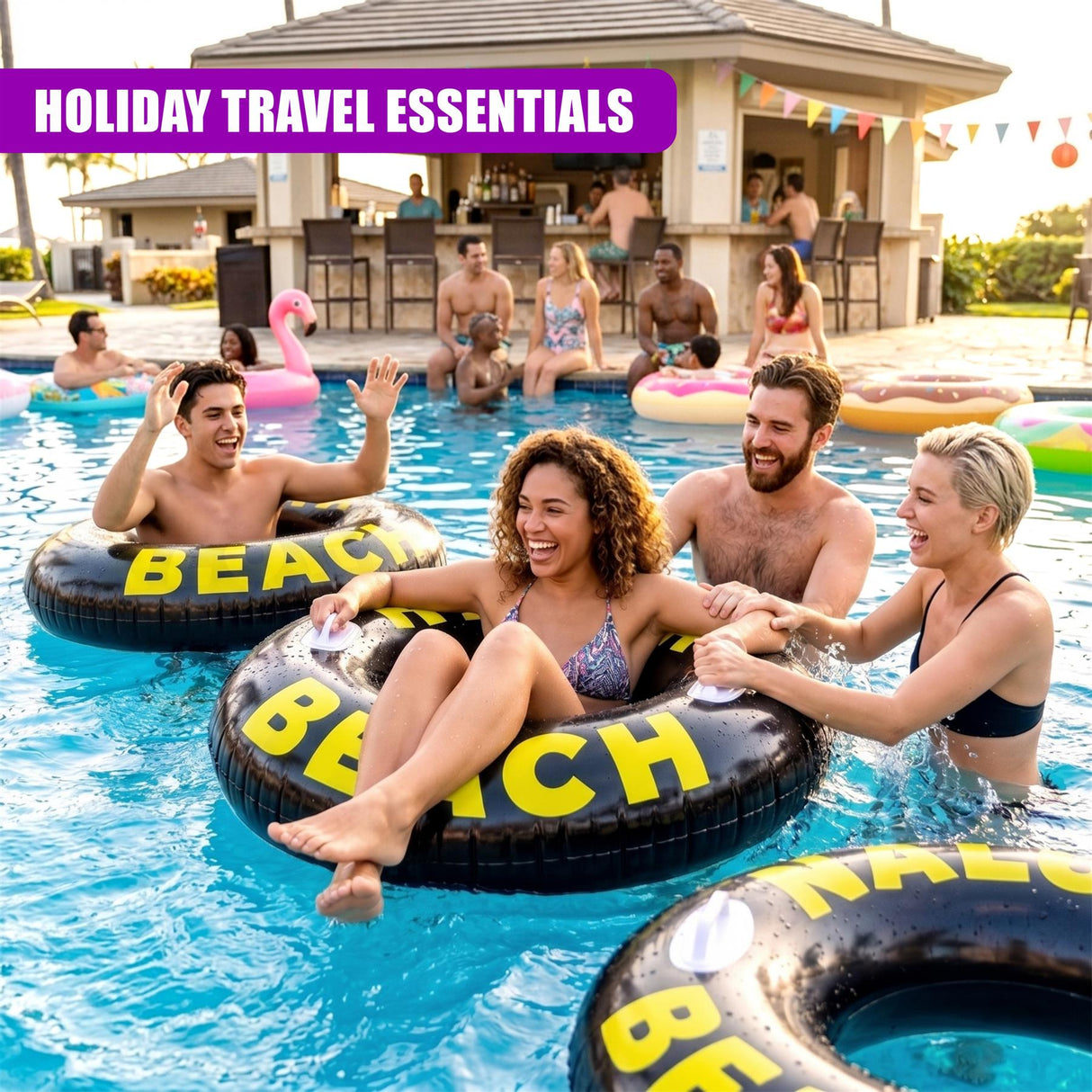 Large black inflatable rings with yellow lettering float in the blue pool water.