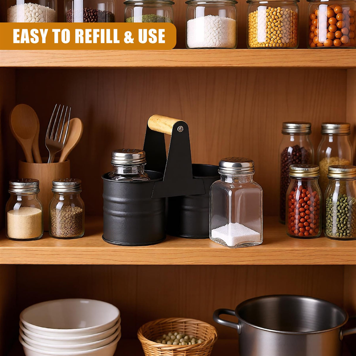 A wooden shelf with various kitchen items and a black salt and pepper set with a wooden handle. - UKBuyZone