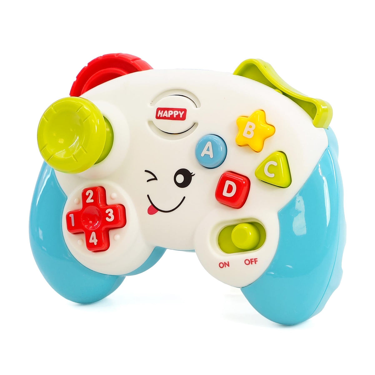 A white baby game controller toy with blue grips, red and yellow buttons, a winking face, and an ON/OFF switch