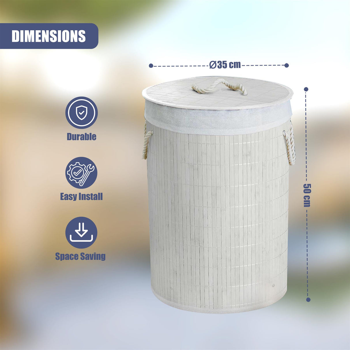Round Bamboo Laundry Hamper with Lid, White by GEEZY - UKBuyZone