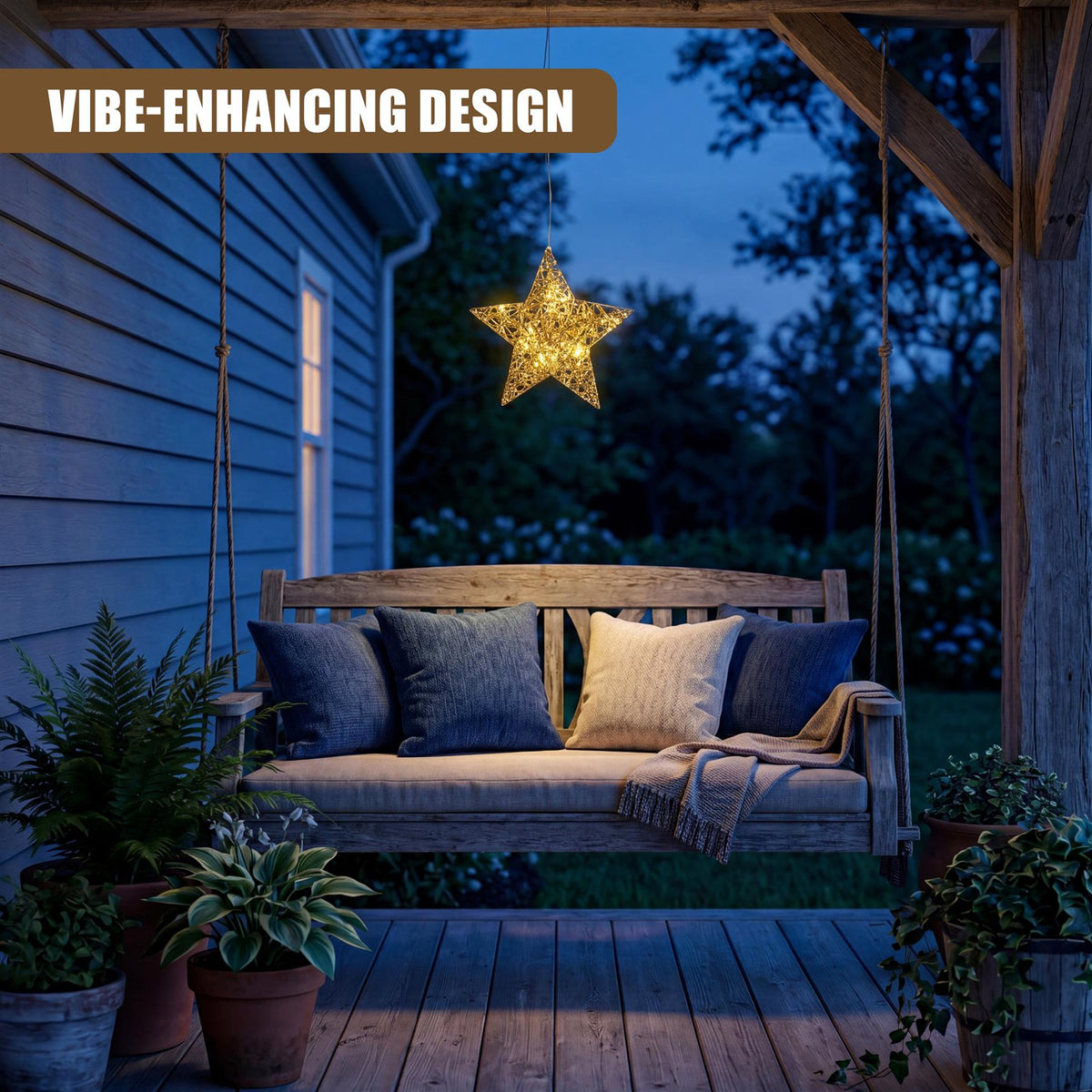A hanging LED Christmas star by GEEZY, featuring a warm glow and integrated timer, displayed on a porch swing at dusk