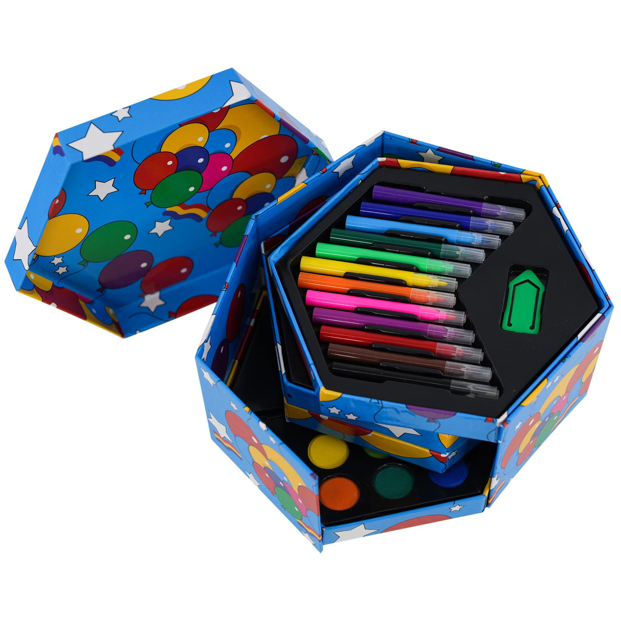 Open art kit containing various colored pencils and writing tools organized in the blue box.