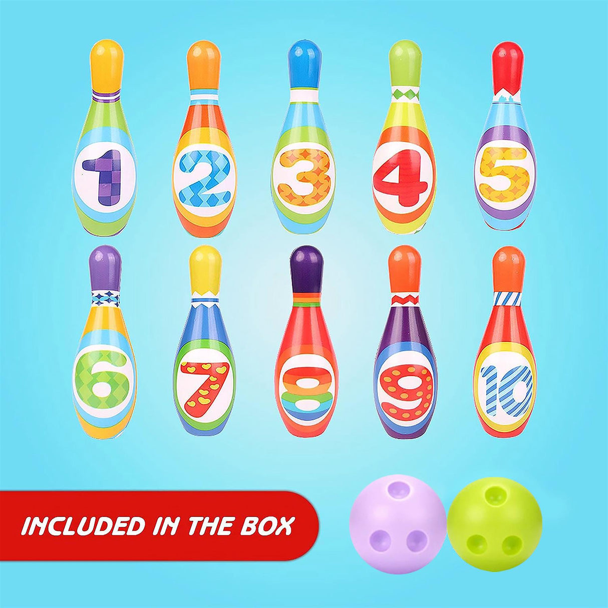 The set includes ten numbered plastic bowling pins and three matching plastic bowling balls.