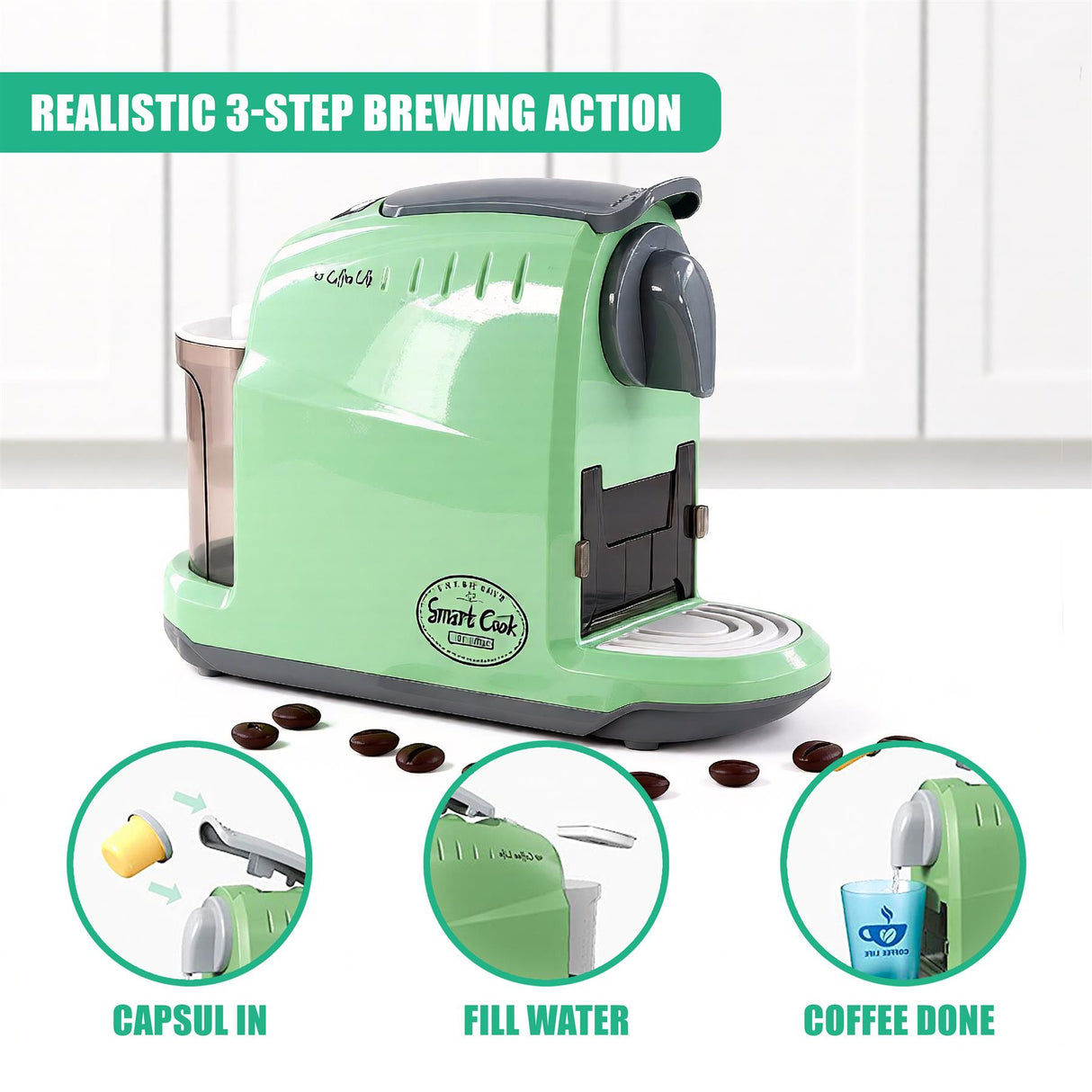 A compact, green coffee machine with a built-in grinder, water tank, and milk frother, featuring a 1.8L water tank, 1.5L milk tank, and 10-20g coffee capacity. - UKBuyZone