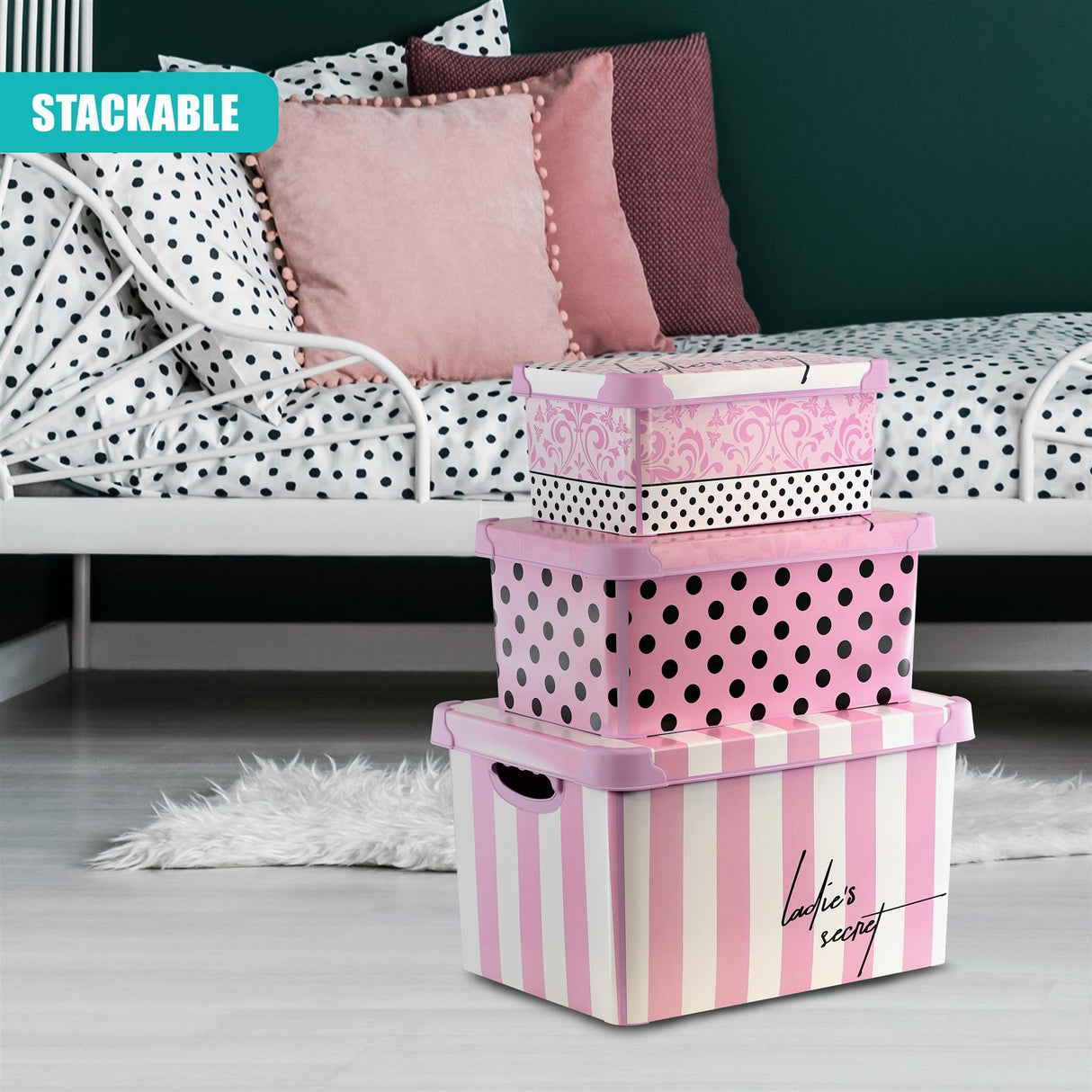 Pink Storage Boxes with Lids - Set of 3 by GEEZY - UKBuyZone