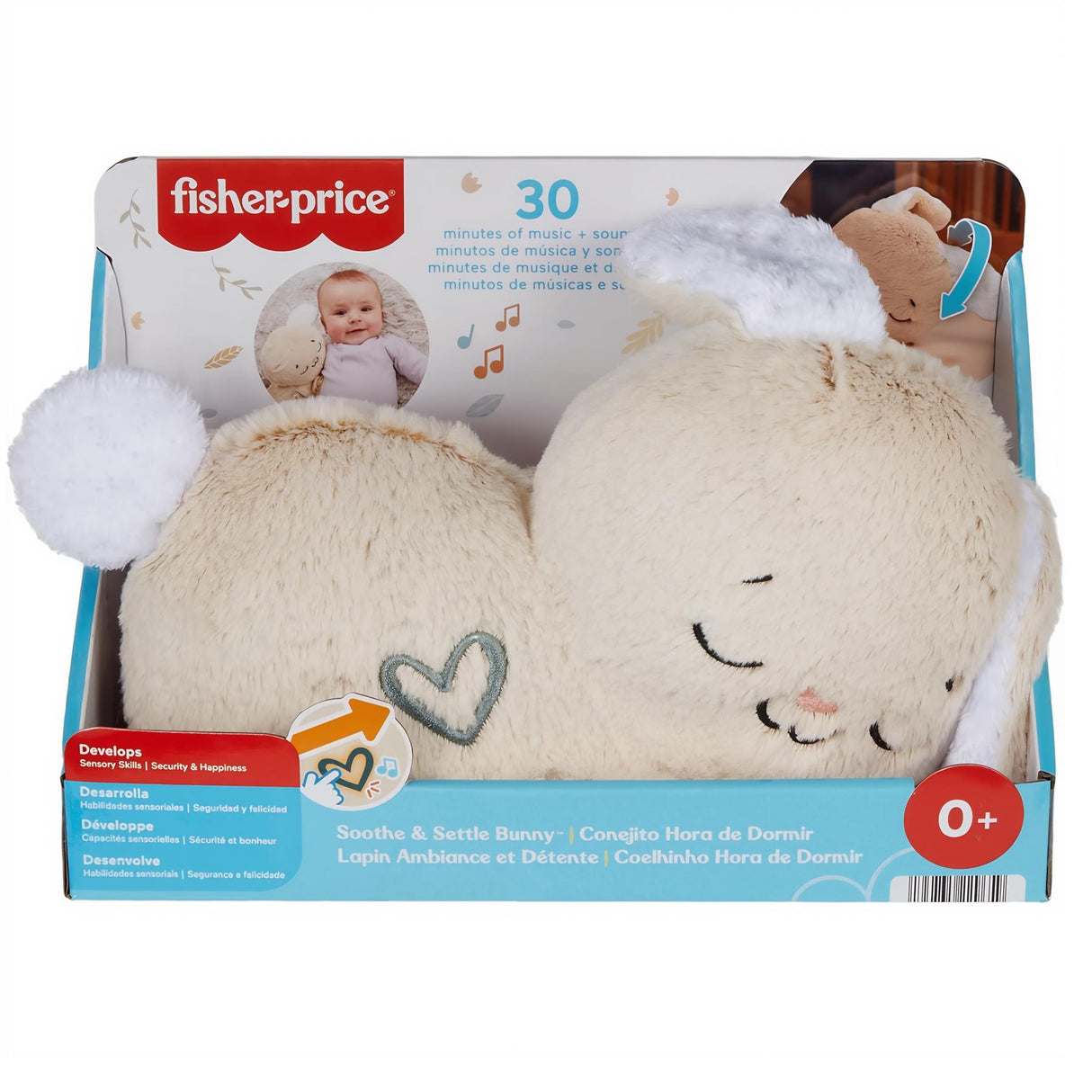 Beige stuffed bunny toy displayed in its box featuring the Fisher-Price logo and multilingual text.
