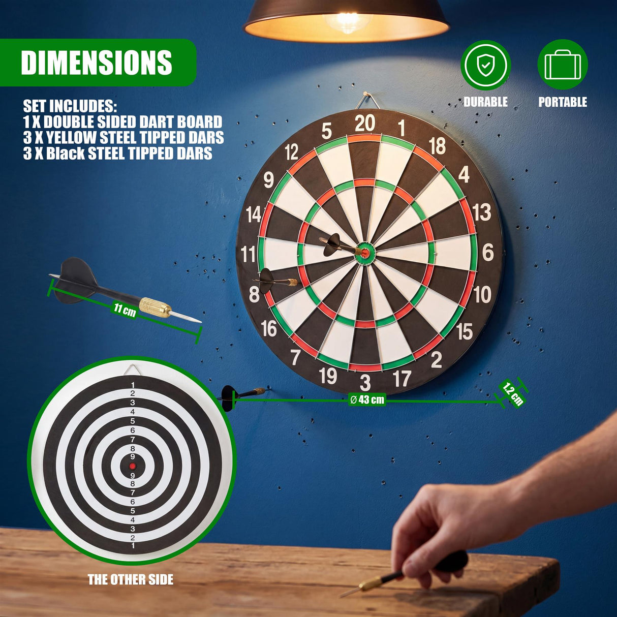 A double-sided dartboard displaying numbered scoring areas and dimension measurements.
