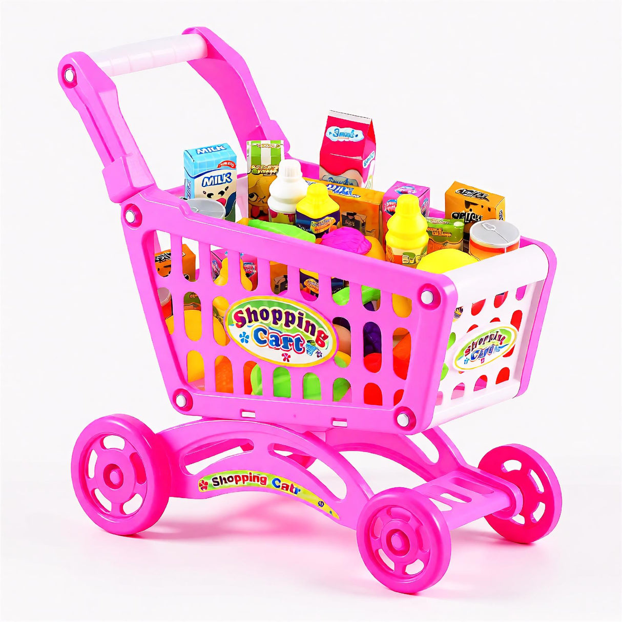 "Pink toy shopping cart filled with play food items." - UKBuyZone