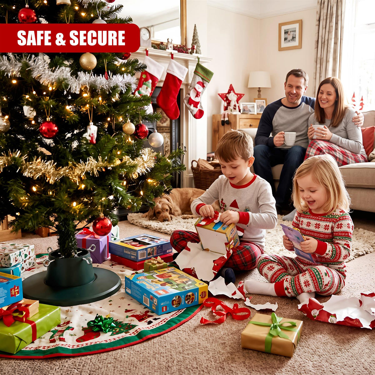 A family opening presents around a Christmas tree with an adjustable green GEEZY tree stand holding it