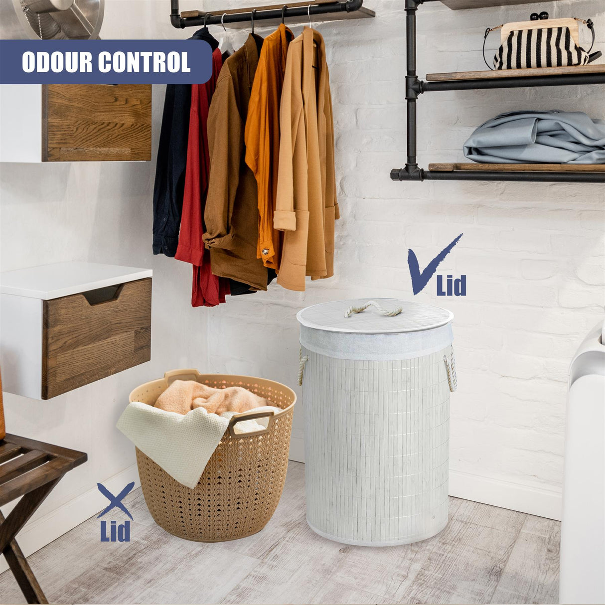 Round Bamboo Laundry Hamper with Lid, White by GEEZY - UKBuyZone