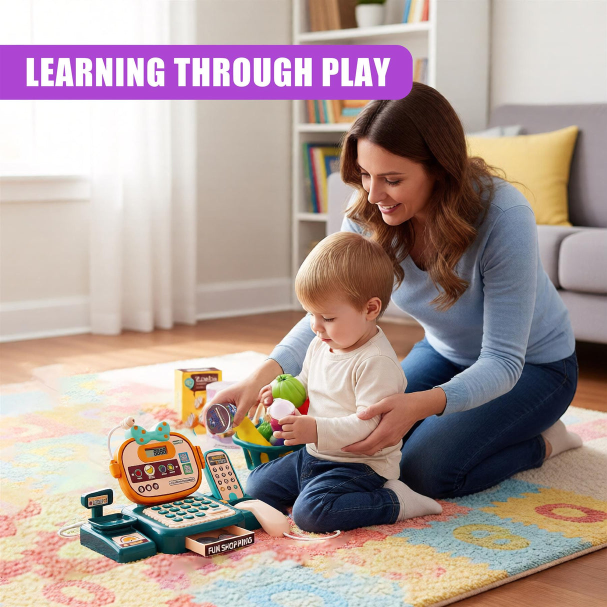 A woman sits on the floor with a young child, playing with a toy shopping set. The child holds a toy shopping cart, and the woman helps guide the child's hand to place a toy food item into the cart. The toy shopping set includes a cash register, play money, and various food and shopping items. The room is decorated with a colorful rug, bookshelf, and couch in the background. - UKBuyZone