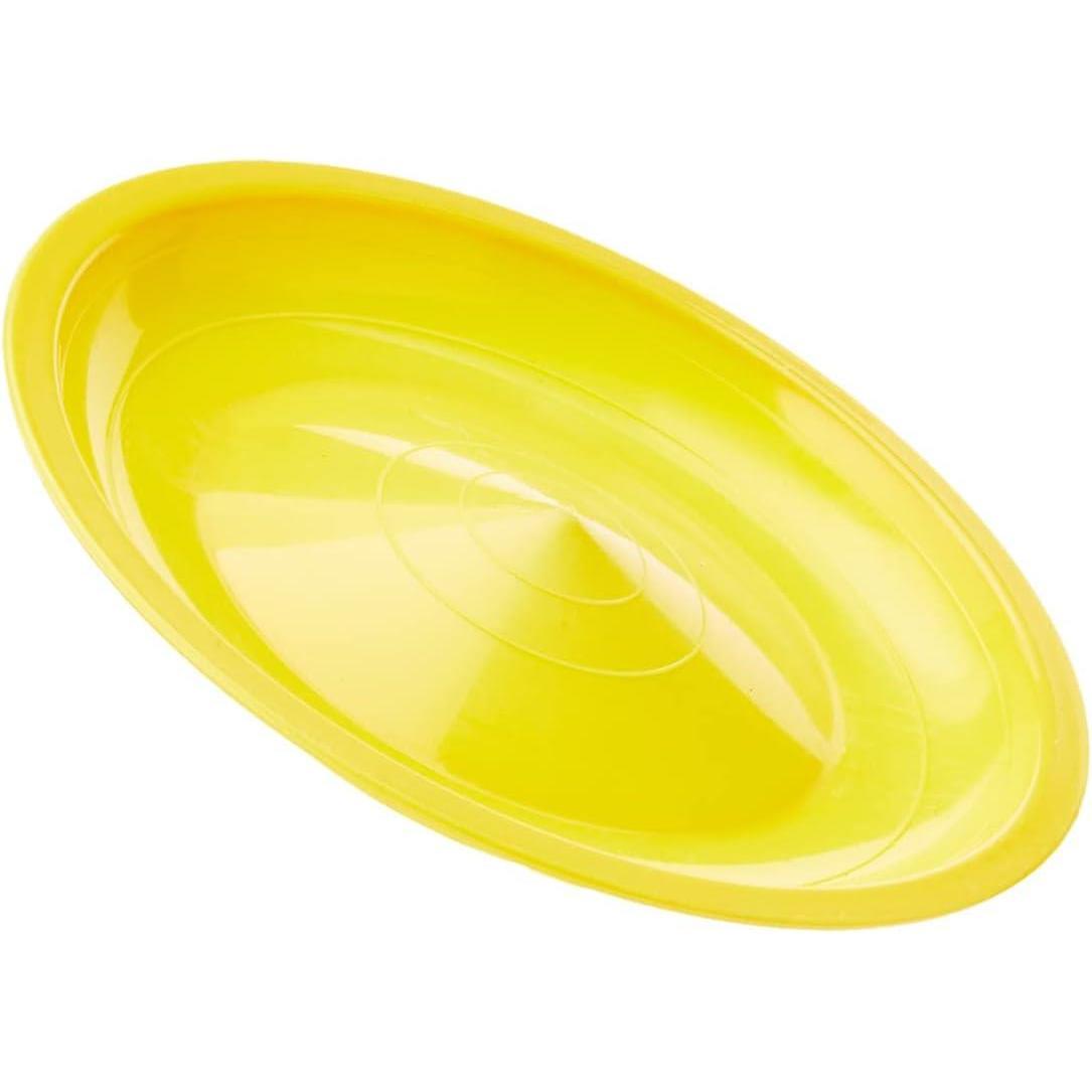 A bright yellow plastic plate with a smooth, rounded shape and a slight curvature to its edges. - UKBuyZone