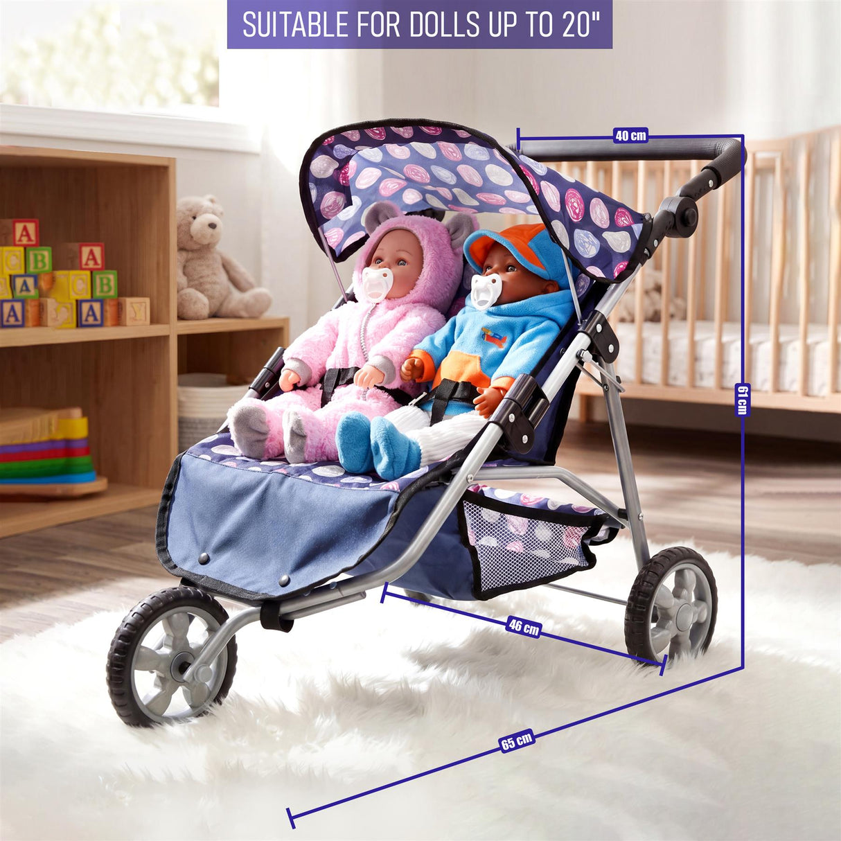 3 Wheeler Twin Doll's Pushchair, Blue