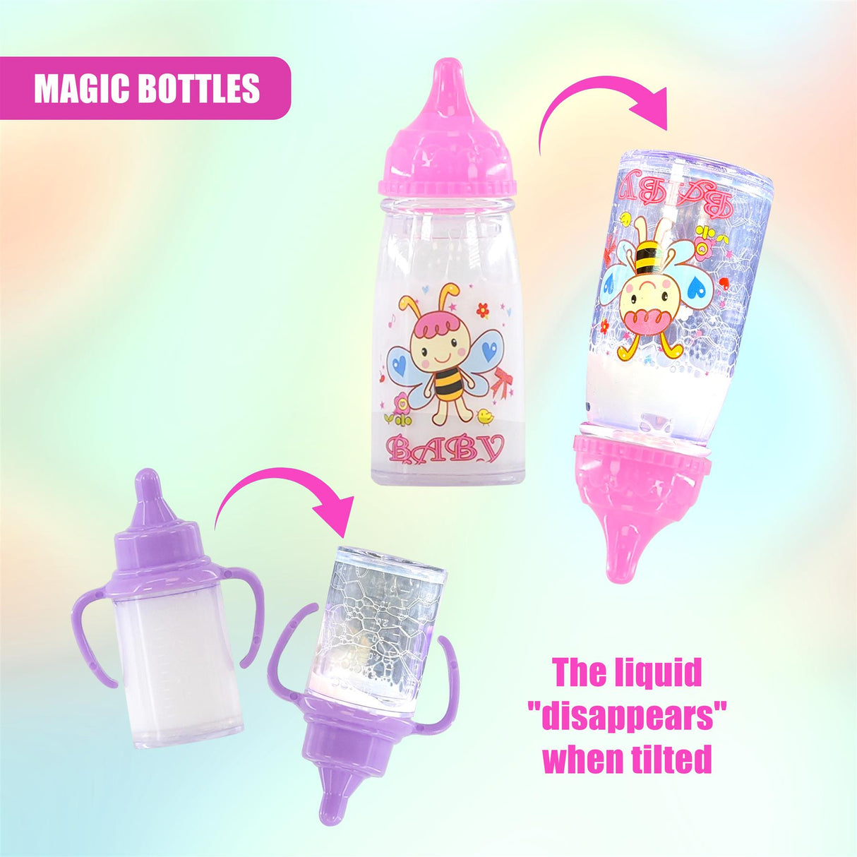 Set of baby bottles featuring bee graphics and liquid draining through the teat when tilted.