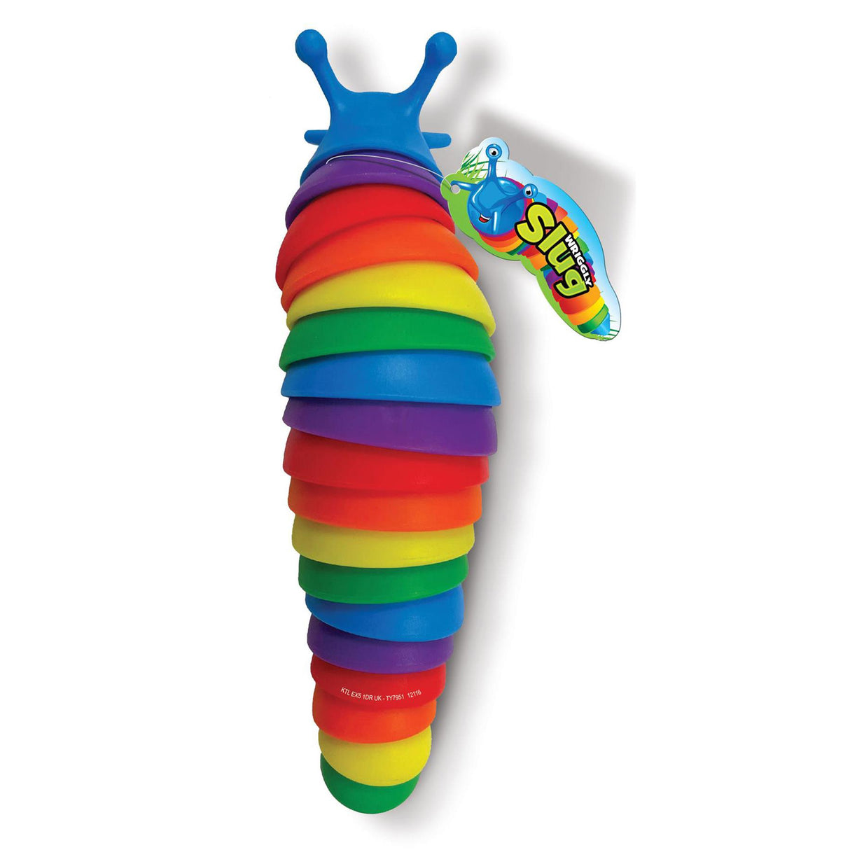 A colorful toy slug with a blue head and a segmented body of stacked rainbow-colored plastic rings.