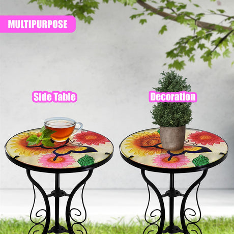 Round Side Garden Mosaic Table  With Flowers and Butterfly Design by Geezy - UKBuyZone