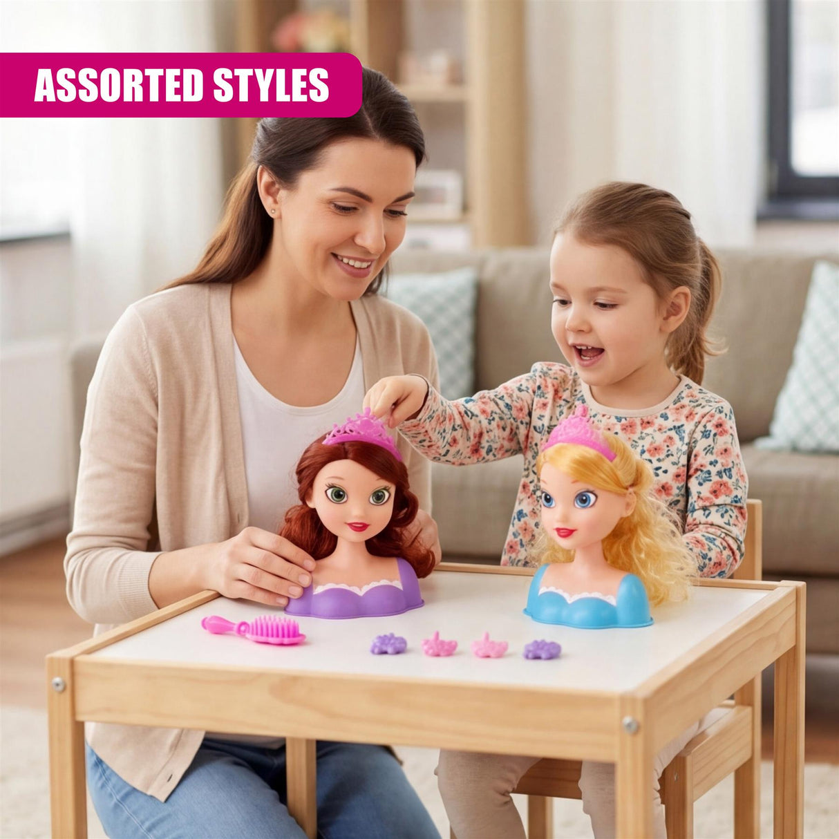 Mother and child play with doll styling heads and accessories on a small wooden table.