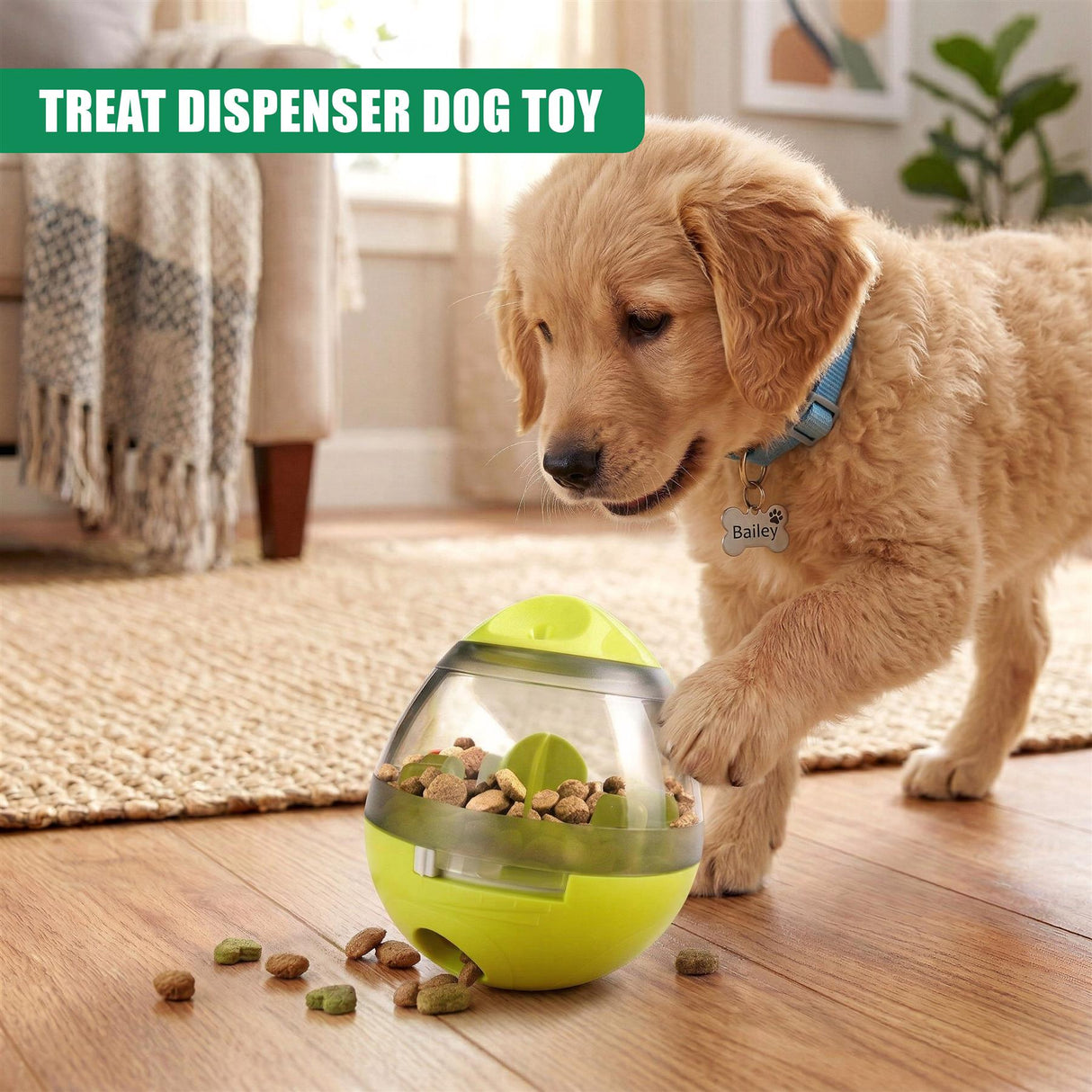 Golden retriever puppy near a yellow treat dispenser dog toy with scattered treats.